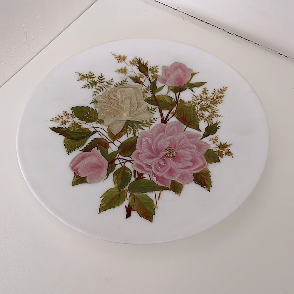 Milk glass, hand painted, floral, serving, 10” plate